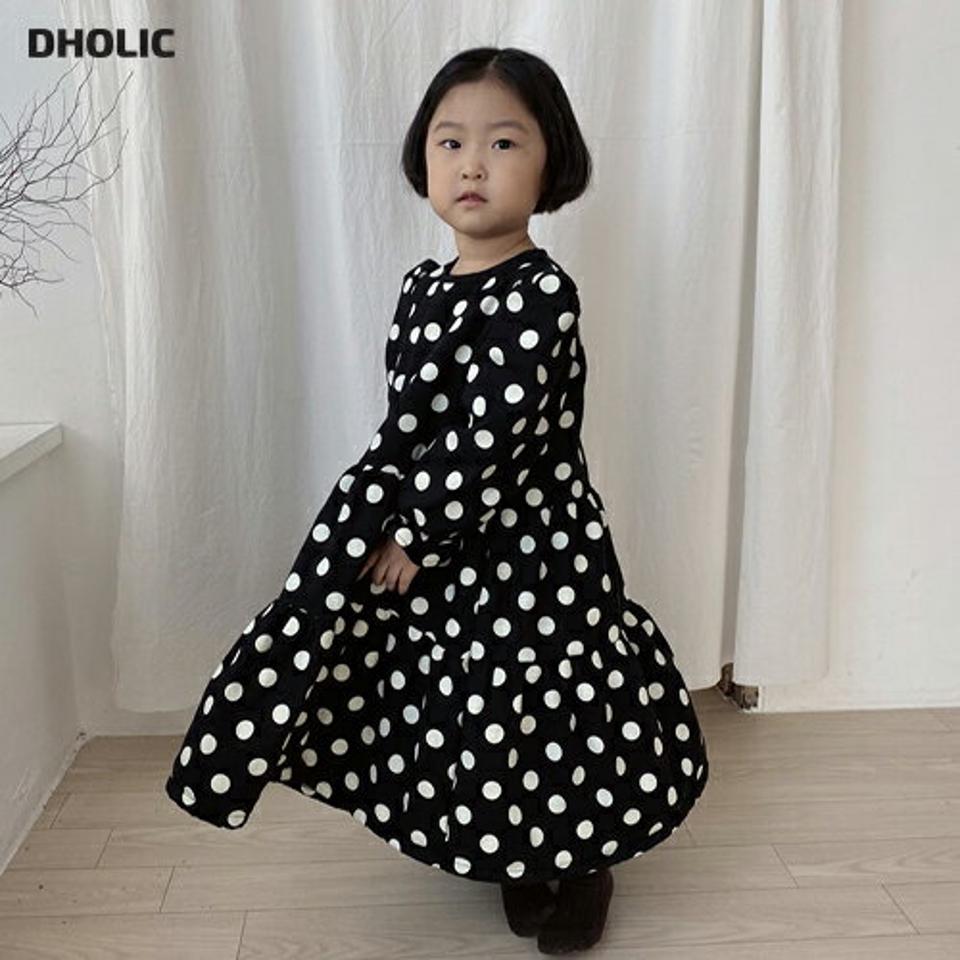 【キッズ30%OFF】ドットボンディングワンピース・u09687 キッズ【3~8才】【ops】【ワンピース ロング ロングワンピース 長袖 ボンディング ドット柄 可愛い かわいい レトロ 女の子 秋 冬 韓国 韓国子供服 子供 こども 子供服 こども服】【KIDS】