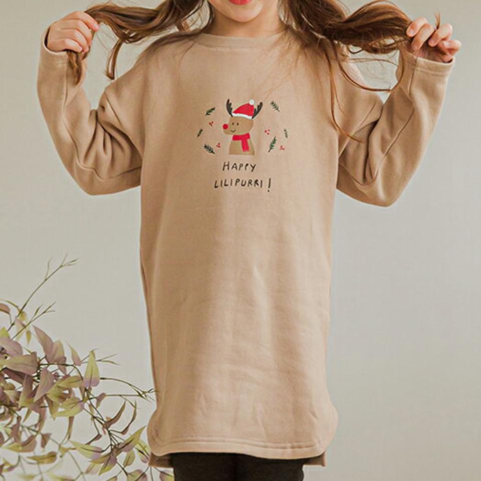 裏起毛クリスマスリリープリTシャツ(beige)・p010103 キッズ【3~8才】【tops】【トップス Tシャツ 長袖 トナカイ クリスマス 裏起毛 カジュアル かわいい ラフ 女の子 男の子 冬 韓国 韓国子供服 子供 こども 子供服 こども服】【KIDS】