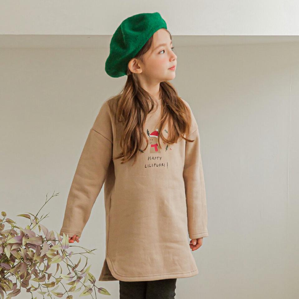 裏起毛クリスマスリリープリTシャツ(beige)・p010103 キッズ【3~8才】【tops】【トップス Tシャツ 長袖 トナカイ クリスマス 裏起毛 カジュアル かわいい ラフ 女の子 男の子 冬 韓国 韓国子供服 子供 こども 子供服 こども服】【KIDS】