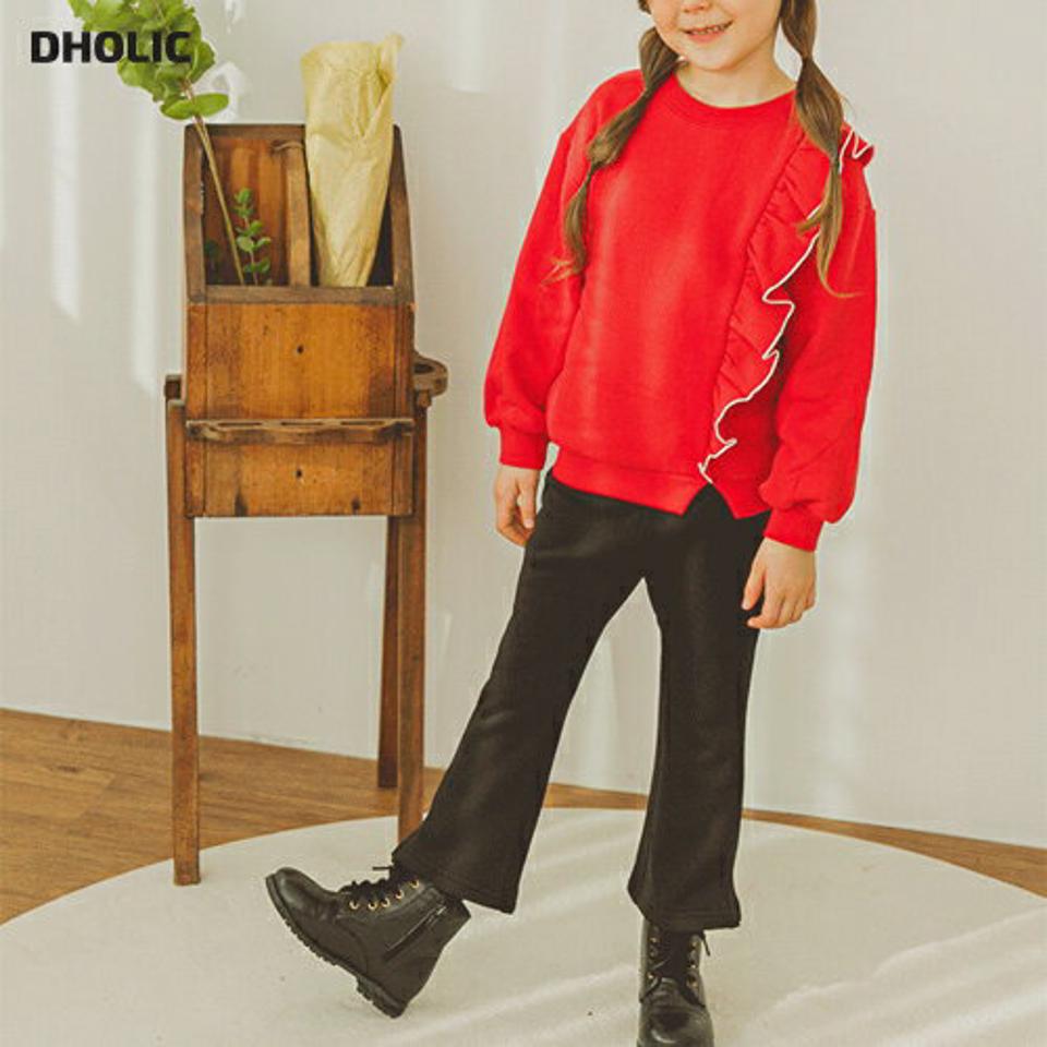 裏起毛サイドフリルTシャツ上下SET(red)・p010078 キッズ【3~8才】【set】【セット 上下　トップス 長袖 パンツ ズボン ロングパンツ 長ズボン フリル 裏起毛 かわいい 女の子 冬 韓国 韓国子供服 子供 こども 子供服 こども服】【KIDS】