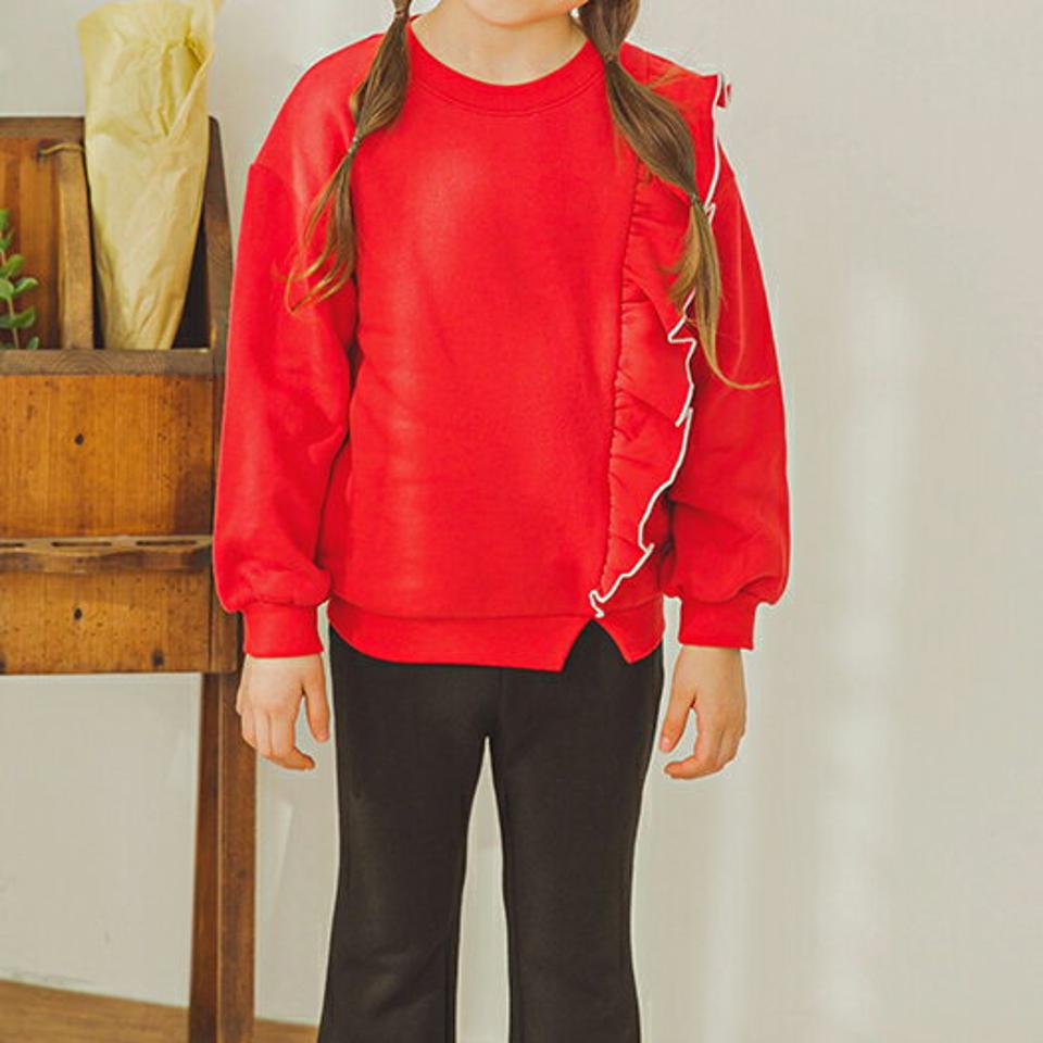 裏起毛サイドフリルTシャツ上下SET(red)・p010078 キッズ【3~8才】【set】【セット 上下　トップス 長袖 パンツ ズボン ロングパンツ 長ズボン フリル 裏起毛 かわいい 女の子 冬 韓国 韓国子供服 子供 こども 子供服 こども服】【KIDS】