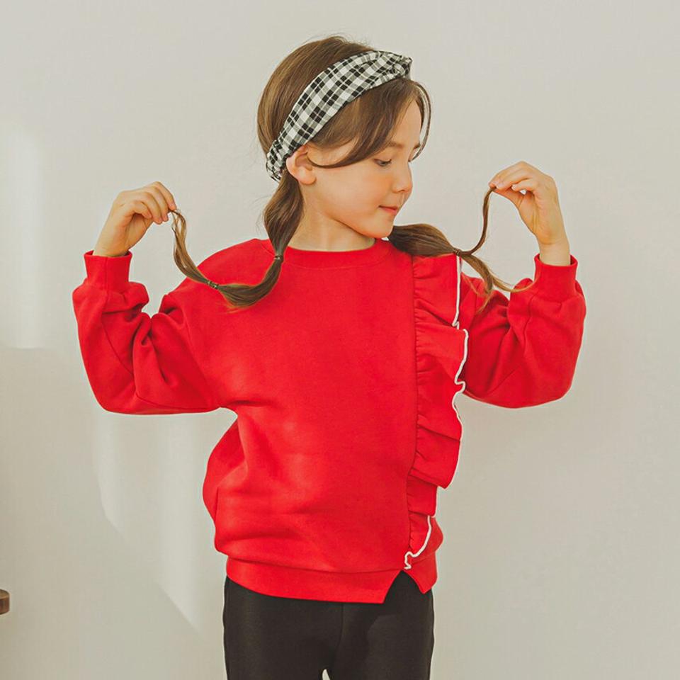 裏起毛サイドフリルTシャツ上下SET(red)・p010078 キッズ【3~8才】【set】【セット 上下　トップス 長袖 パンツ ズボン ロングパンツ 長ズボン フリル 裏起毛 かわいい 女の子 冬 韓国 韓国子供服 子供 こども 子供服 こども服】【KIDS】