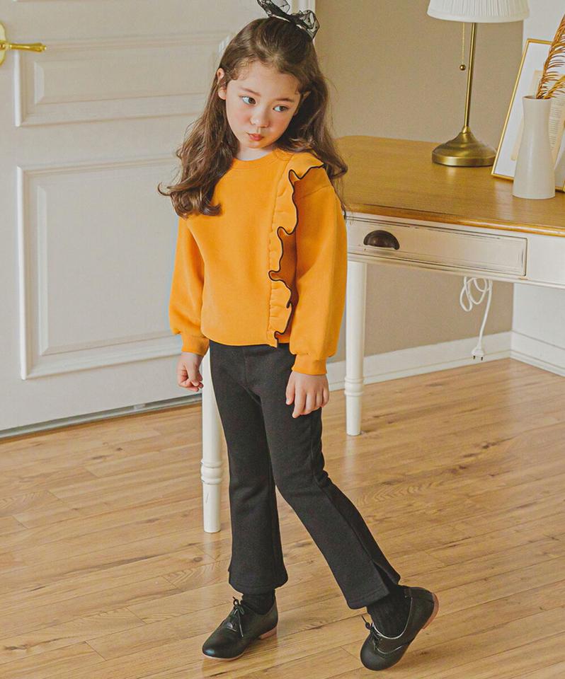 裏起毛サイドフリルTシャツ上下SET(mustard)・p010079 キッズ【3~8才】【set】【セット set トップス 長袖 パンツ ズボン ロングパンツ 長ズボン フリル 裏起毛 かわいい 女の子 冬 韓国 韓国子供服 子供 こども 子供服 こども服】【KIDS】