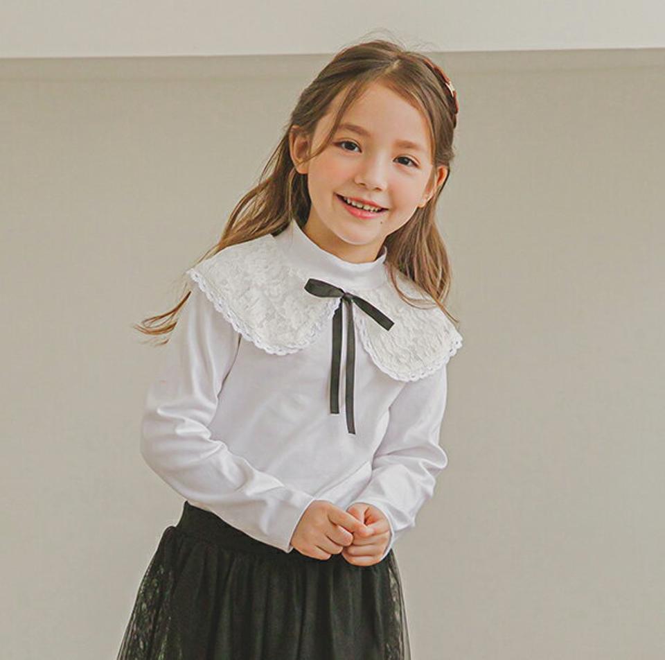 レースカラーTシャツ(white)・p009913 キッズ【3~8才】【tops】【トップス Tシャツ 長袖 レース 襟コンシャス ガーリー 可愛い かわいい モダン 女の子 秋 冬 韓国 韓国子供服 子供 こども 子供服 こども服】【KIDS】