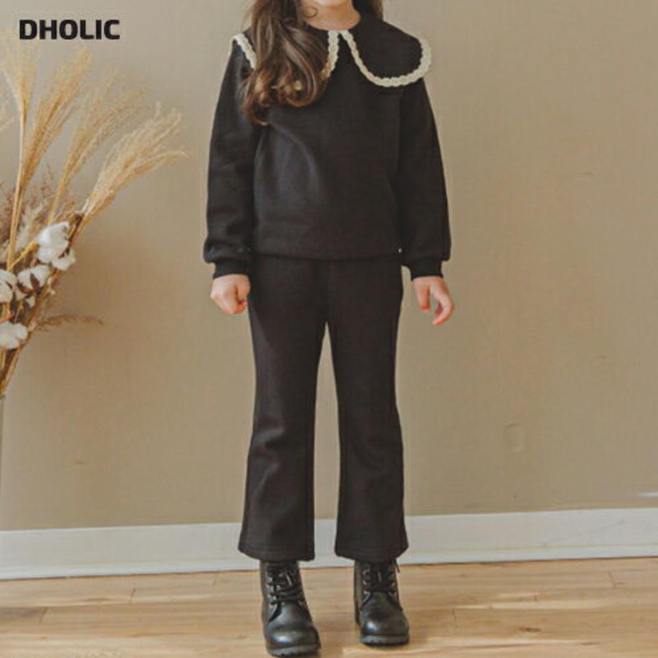 裏起毛レーストリムカラー上下SET(black)・p010087 キッズ【3~8才】【set】【セットアップ setup　トップス 長袖 レース 裏起毛 パンツ ズボン ロングパンツ 長ズボン かわいい 可愛い 女の子 冬 韓国 韓国子供服 子供 こども 子供服 こども服】【KIDS】