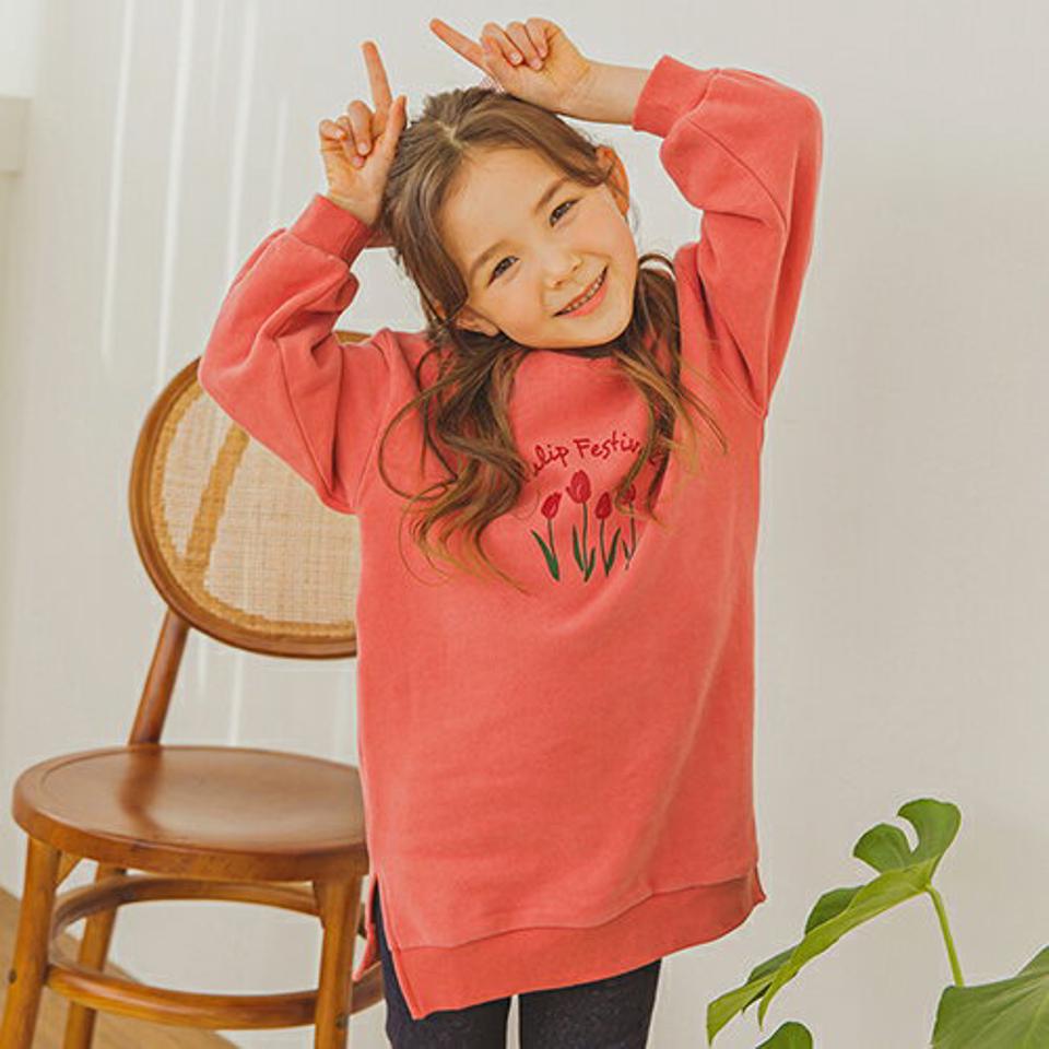 裏起毛スリーチューリップスウェット(pink)・p009995 キッズ 【3~8才】【tops】【韓国 ファッション トップス Tシャツ カットソー 長袖 ロング チュニック ワンピース レタリング 女の子 男の子 キッズ 子供服 幼稚園 通学 通園 低学年 秋 冬】【KIDS】