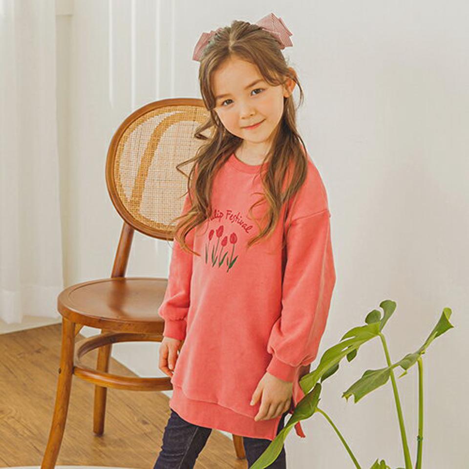 裏起毛スリーチューリップスウェット(pink)・p009995 キッズ 【3~8才】【tops】【韓国 ファッション トップス Tシャツ カットソー 長袖 ロング チュニック ワンピース レタリング 女の子 男の子 キッズ 子供服 幼稚園 通学 通園 低学年 秋 冬】【KIDS】
