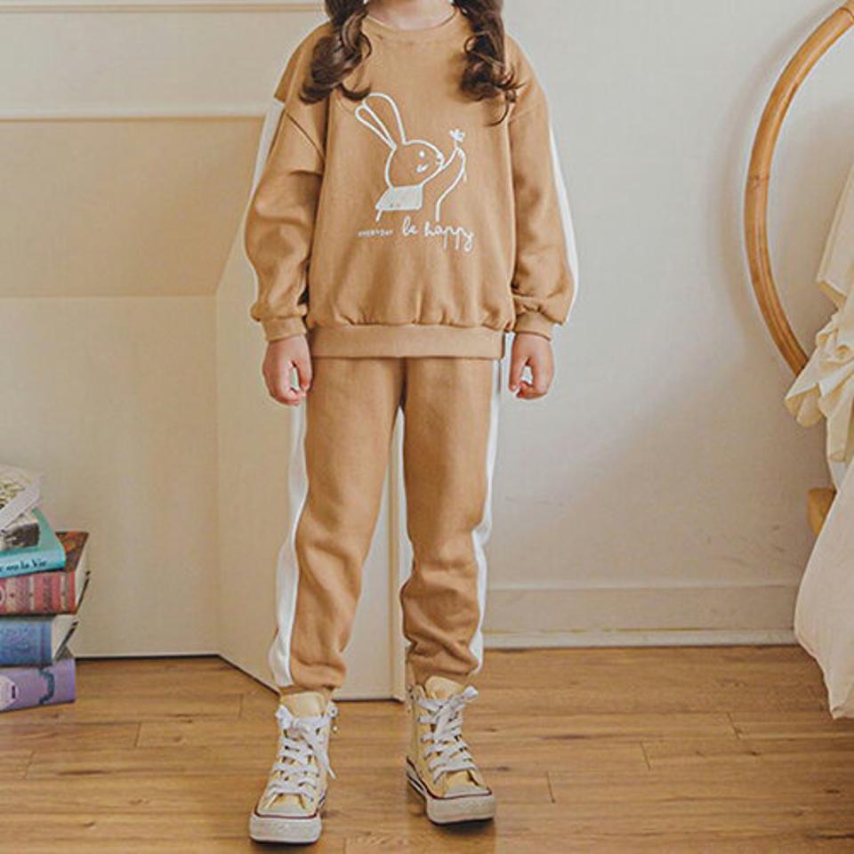 裏起毛ラビット配色上下SET(beige)・p010094 キッズ 【3~8才】【pt】【韓国 ファッション セットアップ スウェット トレーナー ロングパンツ ジョガーパンツ レタリング ロゴ 女の子 男の子 キッズ 子供 子供服 幼稚園 通学 通園 低学年 秋 冬】【KIDS】