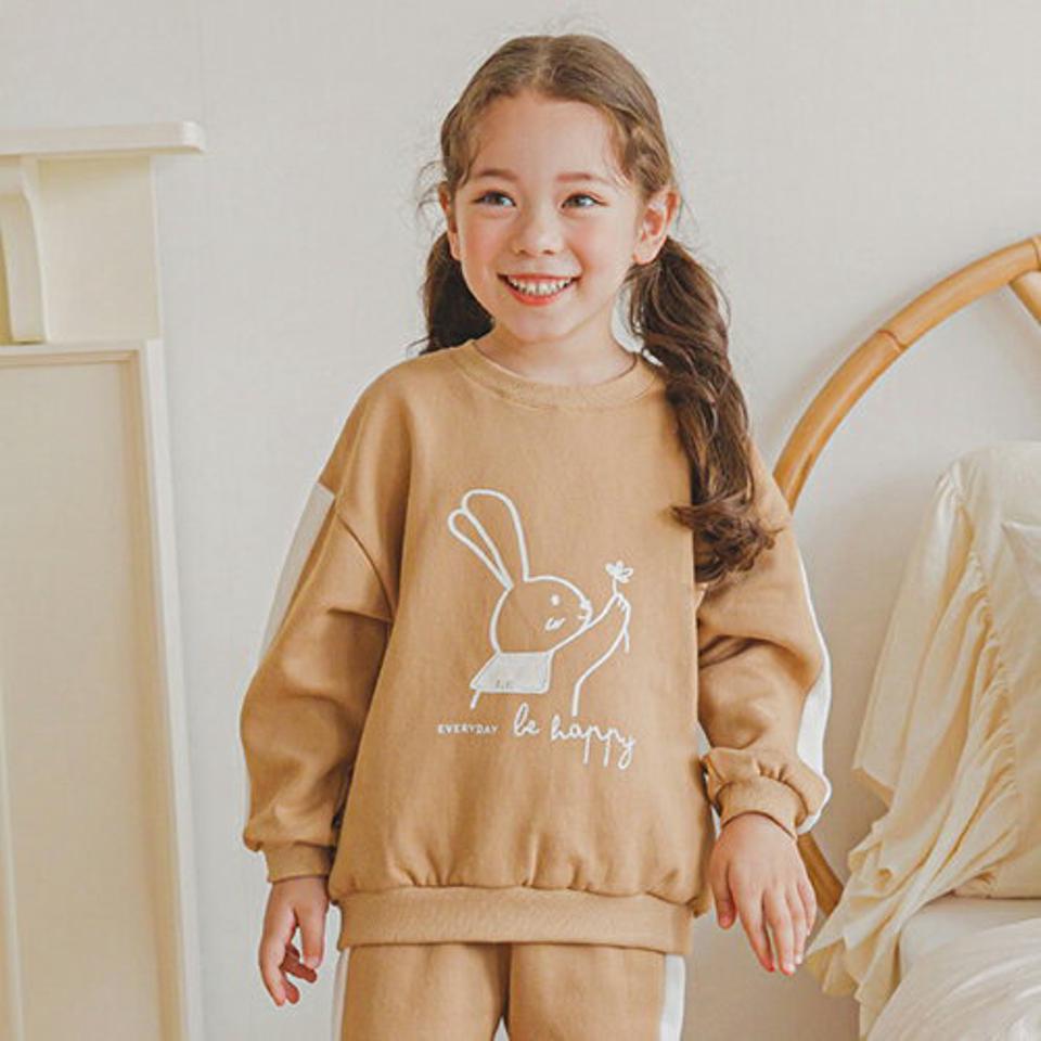 裏起毛ラビット配色上下SET(beige)・p010094 キッズ 【3~8才】【pt】【韓国 ファッション セットアップ スウェット トレーナー ロングパンツ ジョガーパンツ レタリング ロゴ 女の子 男の子 キッズ 子供 子供服 幼稚園 通学 通園 低学年 秋 冬】【KIDS】