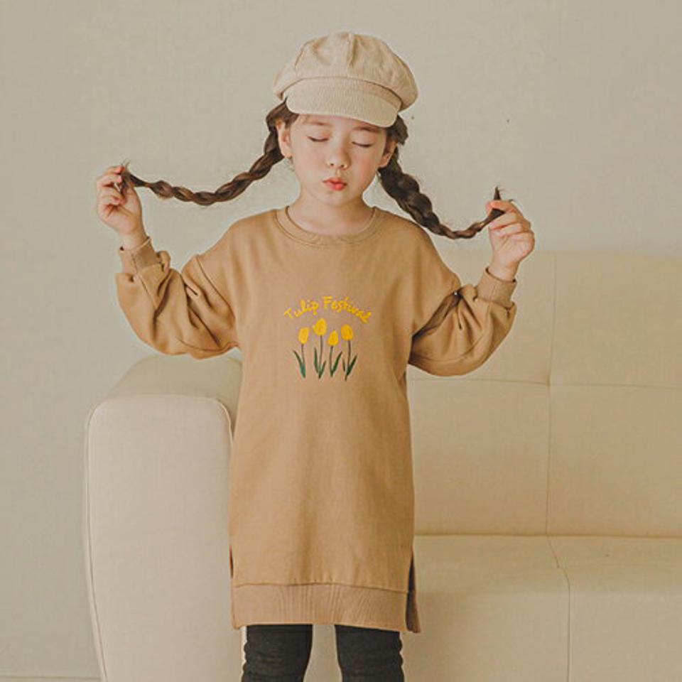 裏起毛スリーチューリップスウェット(brown)・p010009 キッズ 【3~8才】【tops】【韓国 ファッション トップス Tシャツ カットソー 長袖 ロング チュニック ワンピース 女の子 男の子 キッズ 子供 子供服 幼稚園 通学 通園 低学年 秋 冬】【KIDS】
