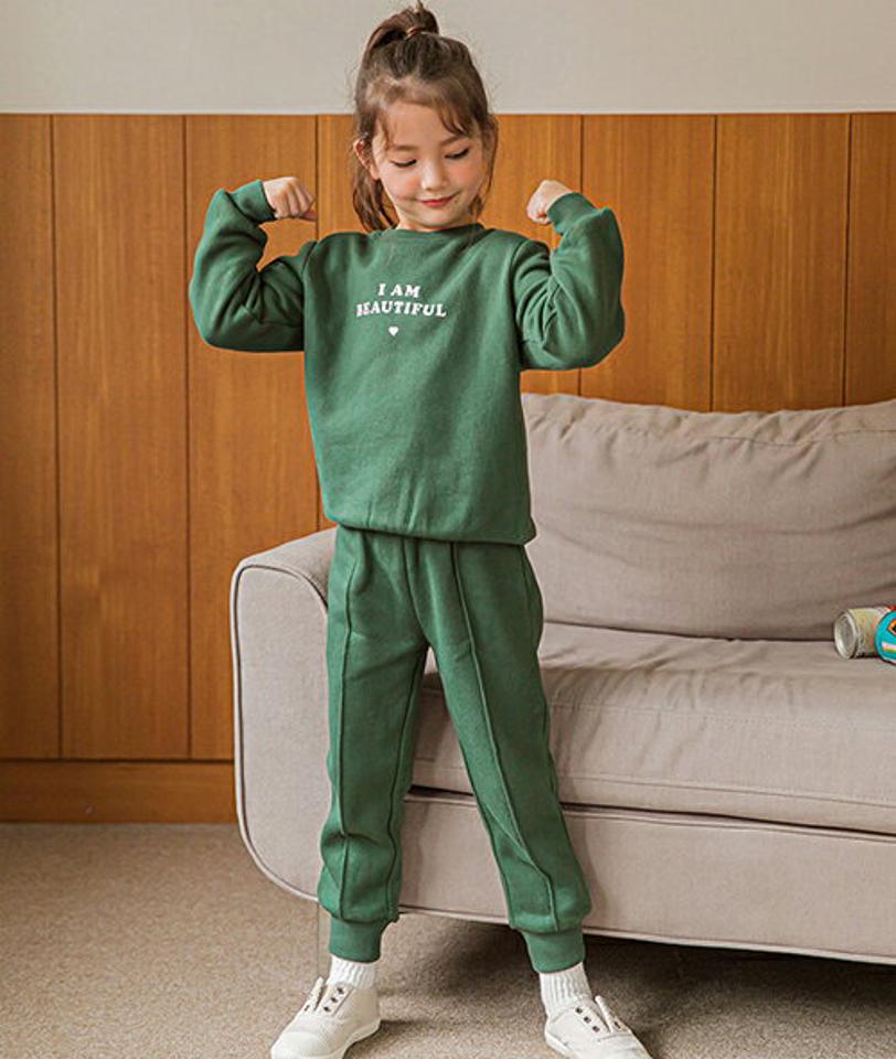 裏起毛プリント上下SET(green)・p010098 キッズ 【3~8才】【pt】【韓国 ファッション セットアップ 上下セット スウェット トレーナー Tシャツ ロングパンツ ジョガーパンツ レタリング ロゴ キッズ 子供服 幼稚園 通学 通園 低学年 秋 冬】【KIDS】