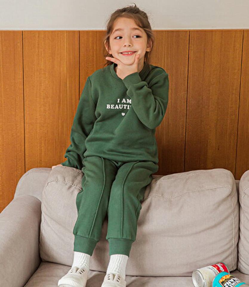 裏起毛プリント上下SET(green)・p010098 キッズ 【3~8才】【pt】【韓国 ファッション セットアップ 上下セット スウェット トレーナー Tシャツ ロングパンツ ジョガーパンツ レタリング ロゴ キッズ 子供服 幼稚園 通学 通園 低学年 秋 冬】【KIDS】