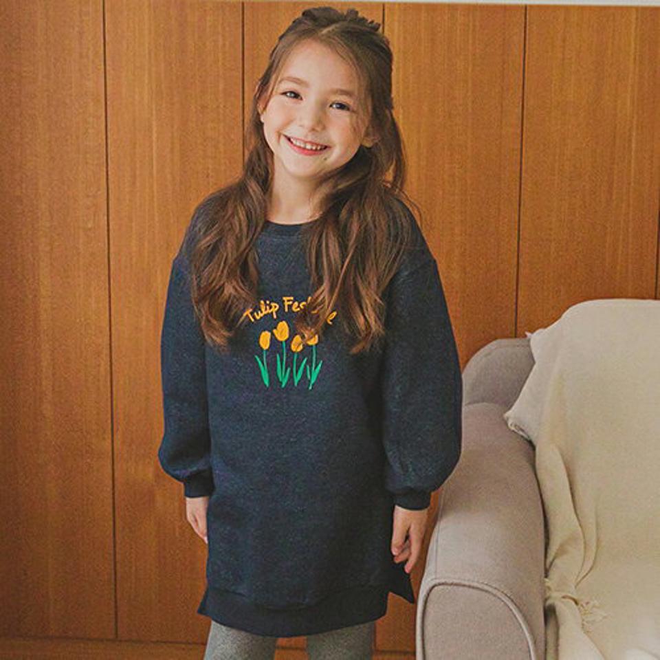 裏起毛スリーチューリップスウェット(blue)・p010010 キッズ 【3~8才】【tops】【韓国 ファッション トップス Tシャツ カットソー 長袖 ロング チュニック ワンピース レタリング 女の子 男の子 キッズ 子供服 幼稚園 通学 通園 低学年 秋 冬】【KIDS】