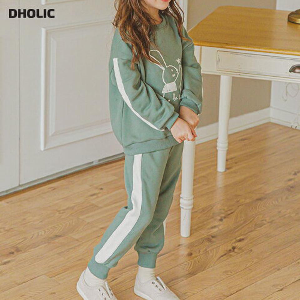 裏起毛ラビット配色上下SET(green)・p010093 キッズ 【3~8才】【pt】【韓国 ファッション セットアップ スウェット トレーナー ロングパンツ ジョガーパンツ レタリング ロゴ 女の子 男の子 キッズ 子供 子供服 幼稚園 通学 通園 低学年 秋 冬】【KIDS】