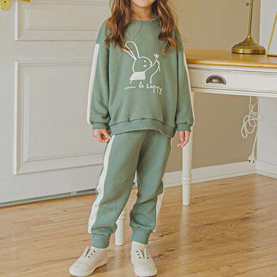裏起毛ラビット配色上下SET(green)・p010093 キッズ 【3~8才】【pt】【韓国 ファッション セットアップ スウェット トレーナー ロングパンツ ジョガーパンツ レタリング ロゴ 女の子 男の子 キッズ 子供 子供服 幼稚園 通学 通園 低学年 秋 冬】【KIDS】