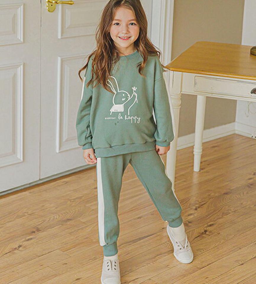 裏起毛ラビット配色上下SET(green)・p010093 キッズ 【3~8才】【pt】【韓国 ファッション セットアップ スウェット トレーナー ロングパンツ ジョガーパンツ レタリング ロゴ 女の子 男の子 キッズ 子供 子供服 幼稚園 通学 通園 低学年 秋 冬】【KIDS】