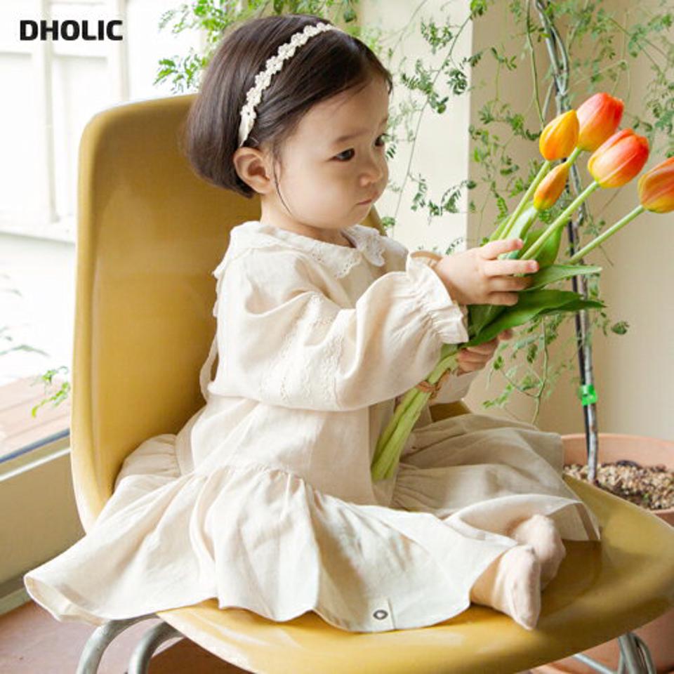 コットンレースワンピース p008599 キッズ 【0~2才】【ops】【韓国 ファッション ワンピース ロング 長袖 カラー 襟 フレア コットン100 無地 女の子キッズ 子供 子供用 ベビー 赤ちゃん ベビー用 赤ちゃん用 出産祝い 春 秋 冬】【KIDS】