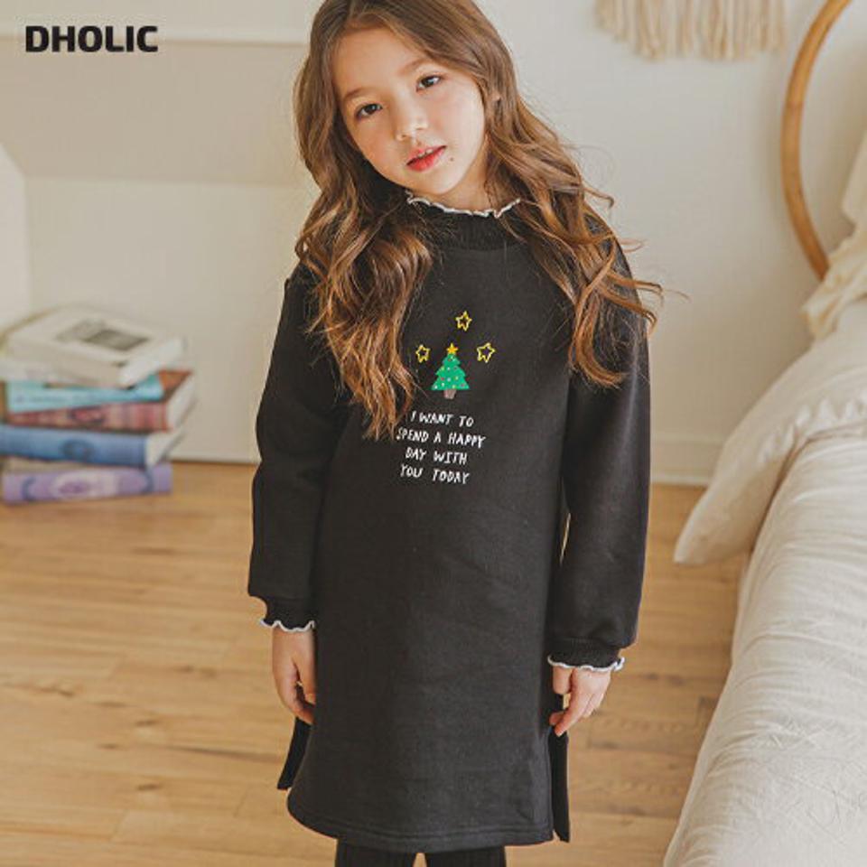 裏起毛ツリー刺繍ワンピース(black)・p009881 キッズ 【3~8才】【ops】【韓国 ファッション ワンピース ミディワンピース 膝丈 Hライン ロゴ イラスト プリント 長袖 女の子 ハーフネック キッズ 子供 子供服 幼稚園 通学 通園 低学年 秋 冬】【KIDS】