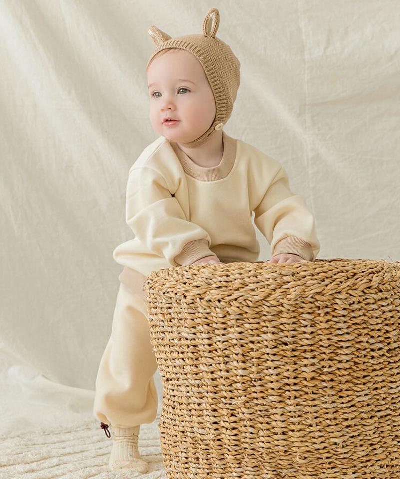 裏起毛配色スウェット上下SET(cream) p008854 キッズ 【0~2才】【SET】【韓国 ファッション セットアップ トレーナー Tシャツ パンツ ロング ルーズ 保温 暖かいキッズ 子供 子供用 ベビー 赤ちゃん ベビー用 赤ちゃん用 出産祝い 春 秋 冬】【KIDS】