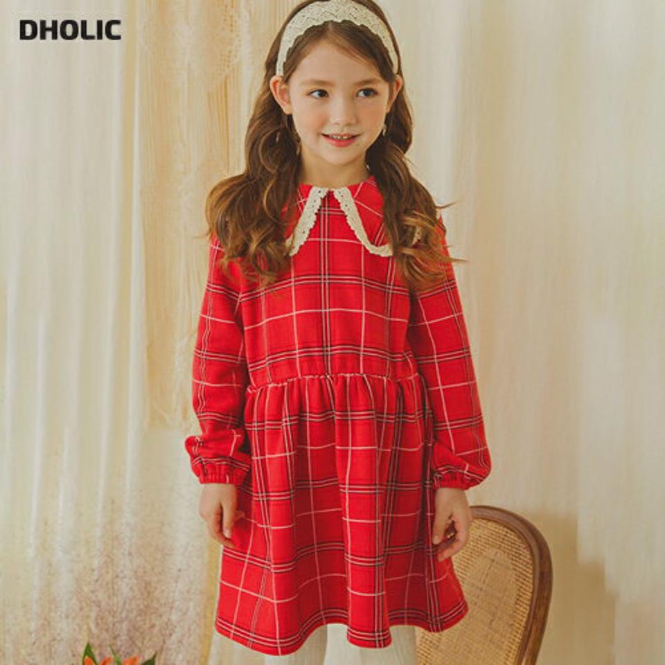 レースカラーチェックワンピース(red)・p009891 キッズ 【3~8才】【ops】【韓国 ファッション ワンピース ミディワンピース 膝丈 フレア Aライン セーラーカラー 襟 長袖 女の子 キッズ 子供 子供服 幼稚園 通学 通園 低学年 秋 冬】【KIDS】