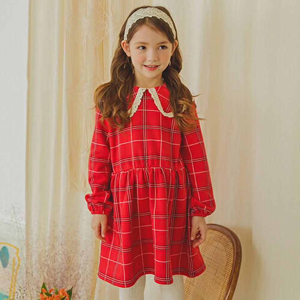 レースカラーチェックワンピース(red)・p009891 キッズ 【3~8才】【ops】【韓国 ファッション ワンピース ミディワンピース 膝丈 フレア Aライン セーラーカラー 襟 長袖 女の子 キッズ 子供 子供服 幼稚園 通学 通園 低学年 秋 冬】【KIDS】