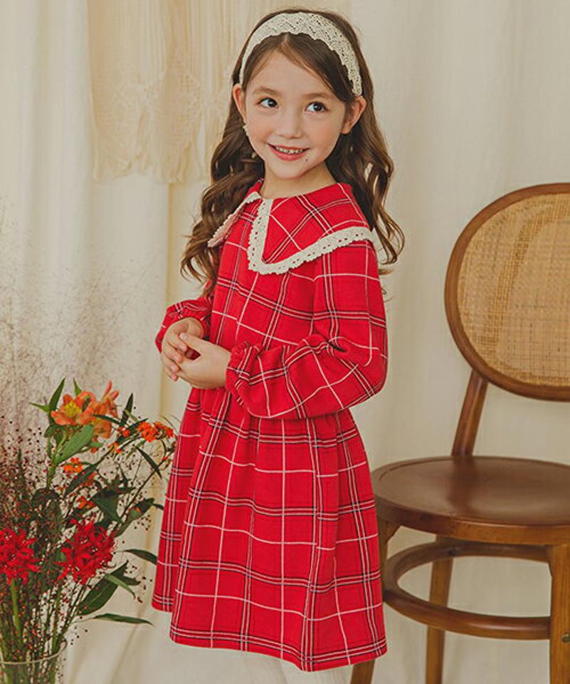 レースカラーチェックワンピース(red)・p009891 キッズ 【3~8才】【ops】【韓国 ファッション ワンピース ミディワンピース 膝丈 フレア Aライン セーラーカラー 襟 長袖 女の子 キッズ 子供 子供服 幼稚園 通学 通園 低学年 秋 冬】【KIDS】