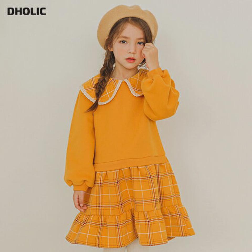 裏起毛チェックドッキングワンピース(mustard)・p009854 キッズ 【3~8才】【ops】【韓国 ファッション ワンピース ミディワンピース フレア Aライン セーラーカラー 襟 長袖 コットン 女の子 キッズ 子供服 幼稚園 通学 通園 低学年 秋 冬】【KIDS】