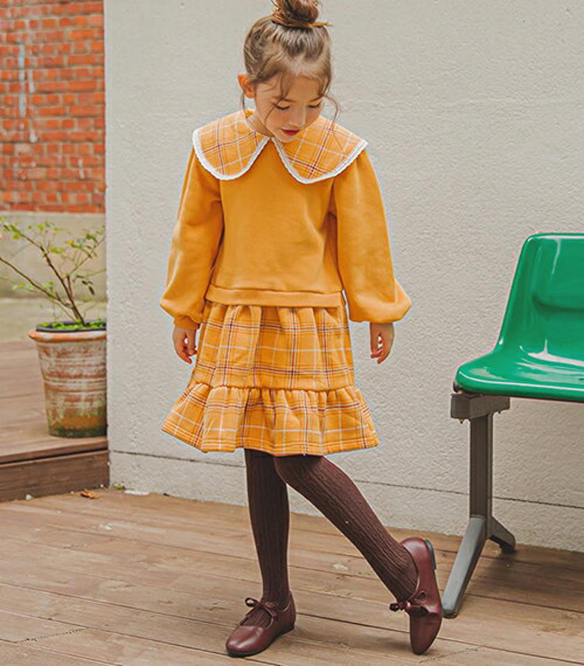 裏起毛チェックドッキングワンピース(mustard)・p009854 キッズ 【3~8才】【ops】【韓国 ファッション ワンピース ミディワンピース フレア Aライン セーラーカラー 襟 長袖 コットン 女の子 キッズ 子供服 幼稚園 通学 通園 低学年 秋 冬】【KIDS】