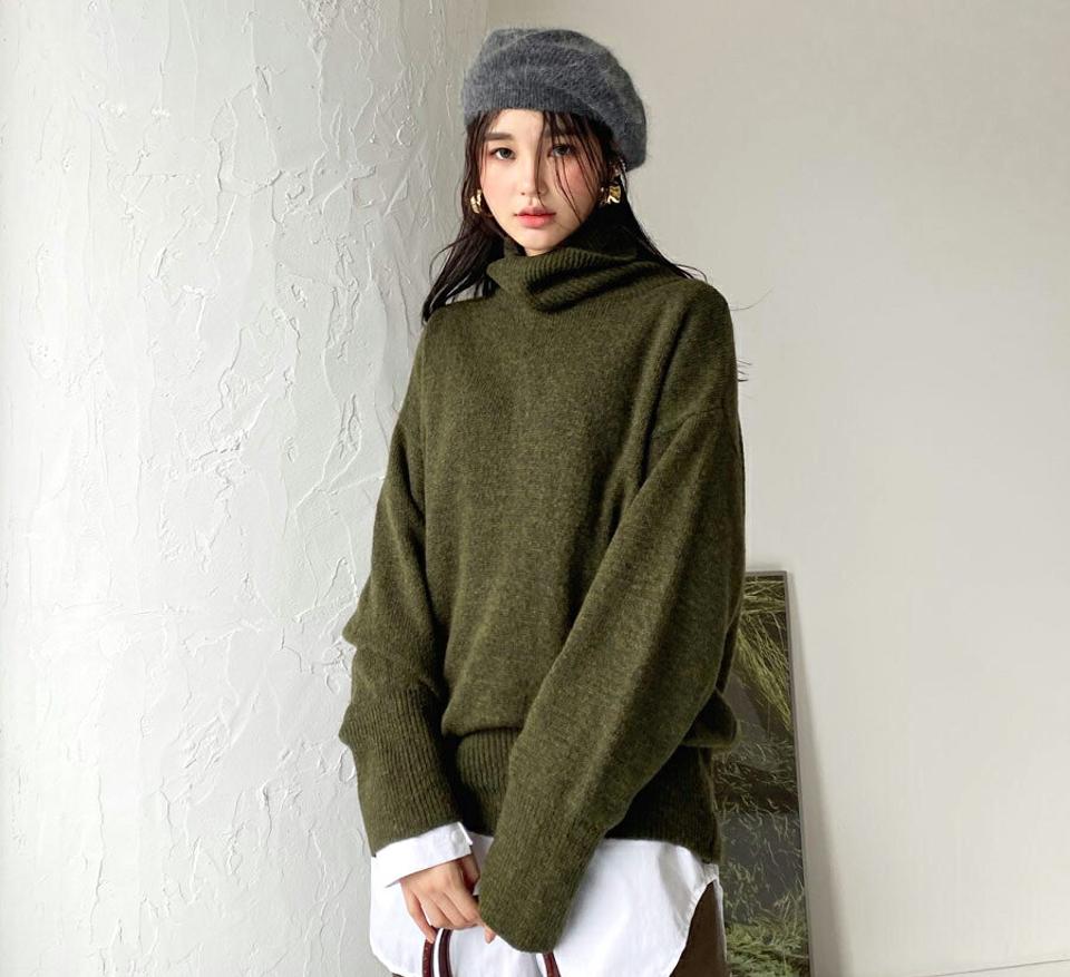 タートルルーズニット・全3色・t61308 レディース 【tops】【韓国 ファッション トップス ニット ハイネック 長袖 タートルネック ルーズ ぼわん袖 やわらかい あたたかい ゆったり オーバーサイズ 体型カバー ロングスリーブ カジュアル 秋 冬】