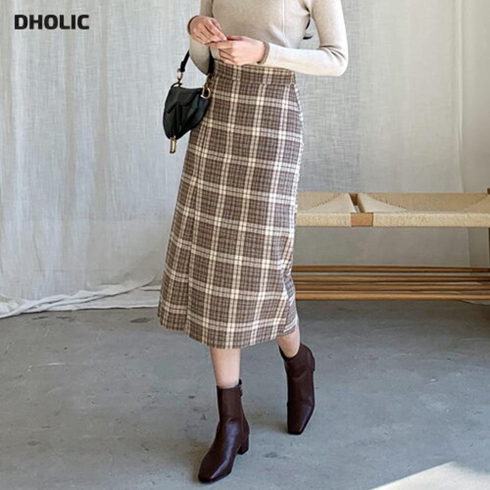 チェックAラインスカート・全2色・t62297 レディース 【sk】【韓国 ファッション ボトムス スカート ロング Aライン ミモレ スリム パターン 柄 広がりにくい フロントスリット 大人 クラシック レトロ カジュアル 秋 冬】