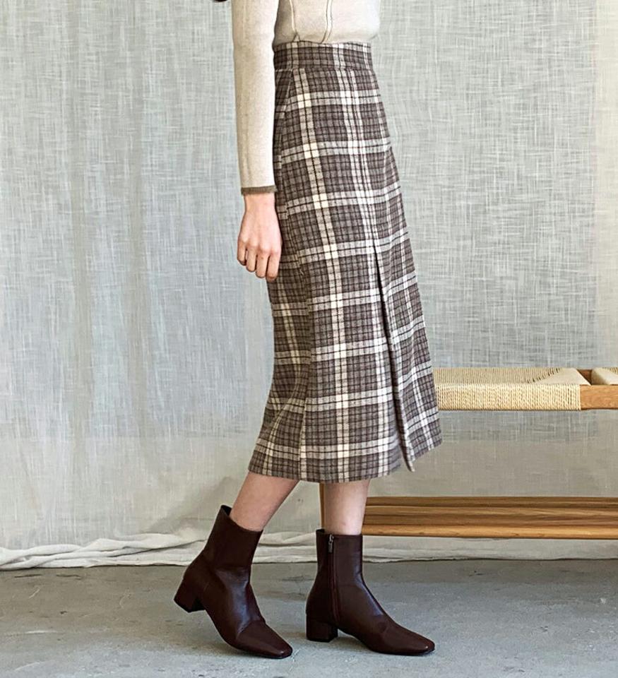 チェックAラインスカート・全2色・t62297 レディース 【sk】【韓国 ファッション ボトムス スカート ロング Aライン ミモレ スリム パターン 柄 広がりにくい フロントスリット 大人 クラシック レトロ カジュアル 秋 冬】