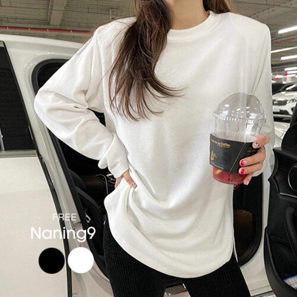 NANING9(ナンニング)起毛長袖Tシャツ【12/24up_go】無地T　起毛　Tシャツ　長袖　カットソー　冬　ロンT　オーバーフィット　【5】