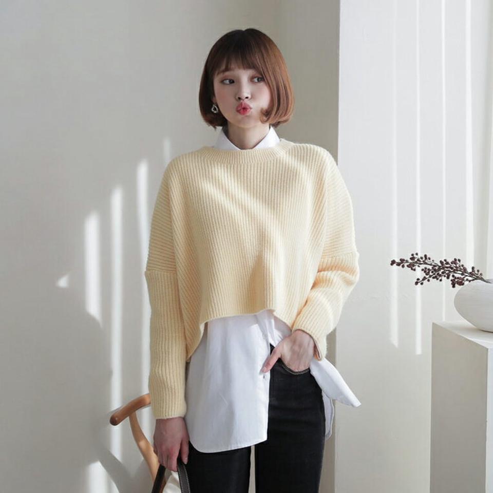 バックスリットニット・全5色・t62398 レディース 【tops】【韓国 ファッション トップス ニット バックスリット ラウンドネック 長袖 ルーズ ソフト 配色 リブニット ユニーク カジュアル 秋 冬】