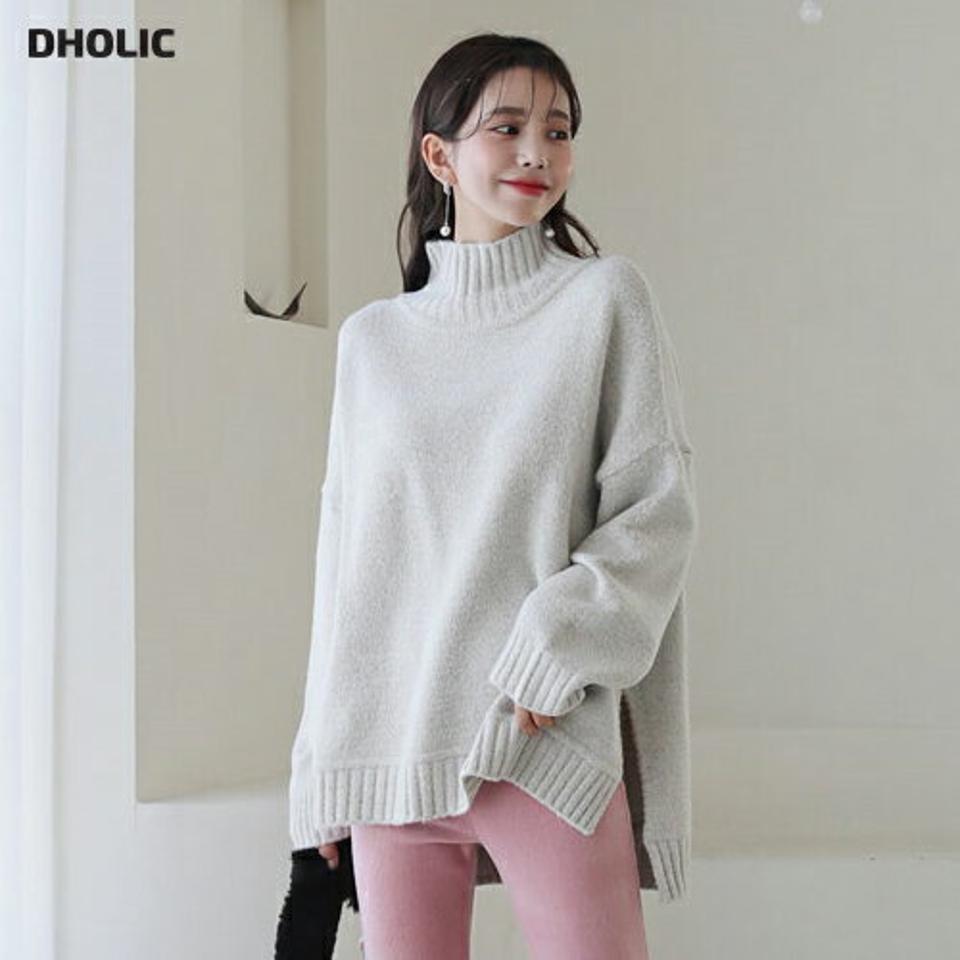 ハイネックスリットニット・全4色・t62415 レディース 【tops】【韓国 ファッション トップス ニット 長袖 ロングスリーブ ルーズ タートルネック ハイネック ゆったり 体型カバー ユニーク ソフト やわらかい アンバランス スリット カジュアル 秋 冬】