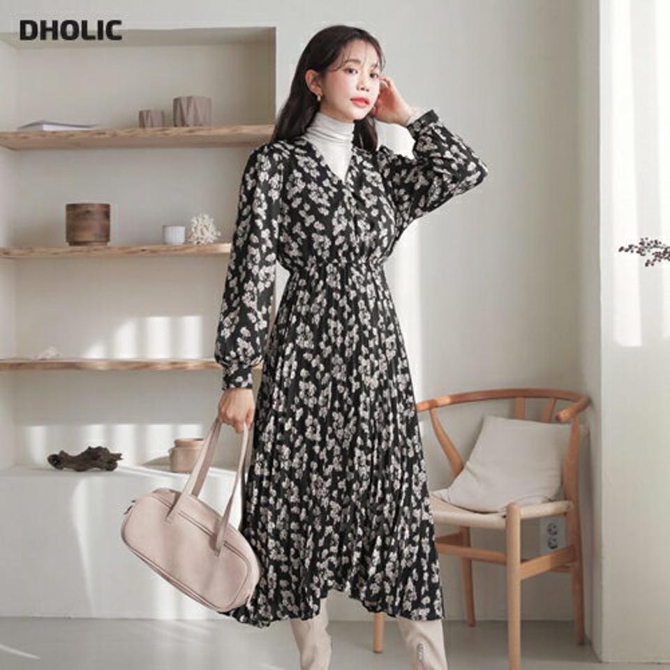 プリーツ花柄ワンピース・全2色・b62418 レディース 【ops】【韓国 ファッション ワンピース プリーツワンピース Aライン フレア プリーツ ロング Vネック ウエストゴム ボタン 花柄 フラワー カジュアル 秋 冬】