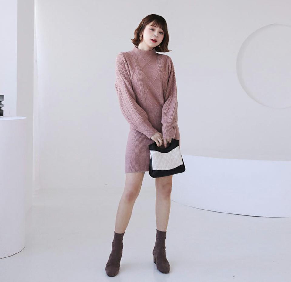 ツイスニットワンピース・全4色・t62331 レディース 【ops】【韓国 ファッション ワンピース ミニワンピース ニットワンピース ニット ラウンドネック スリム 体型カバー ツイスト ハイネック カジュアル 秋 冬】