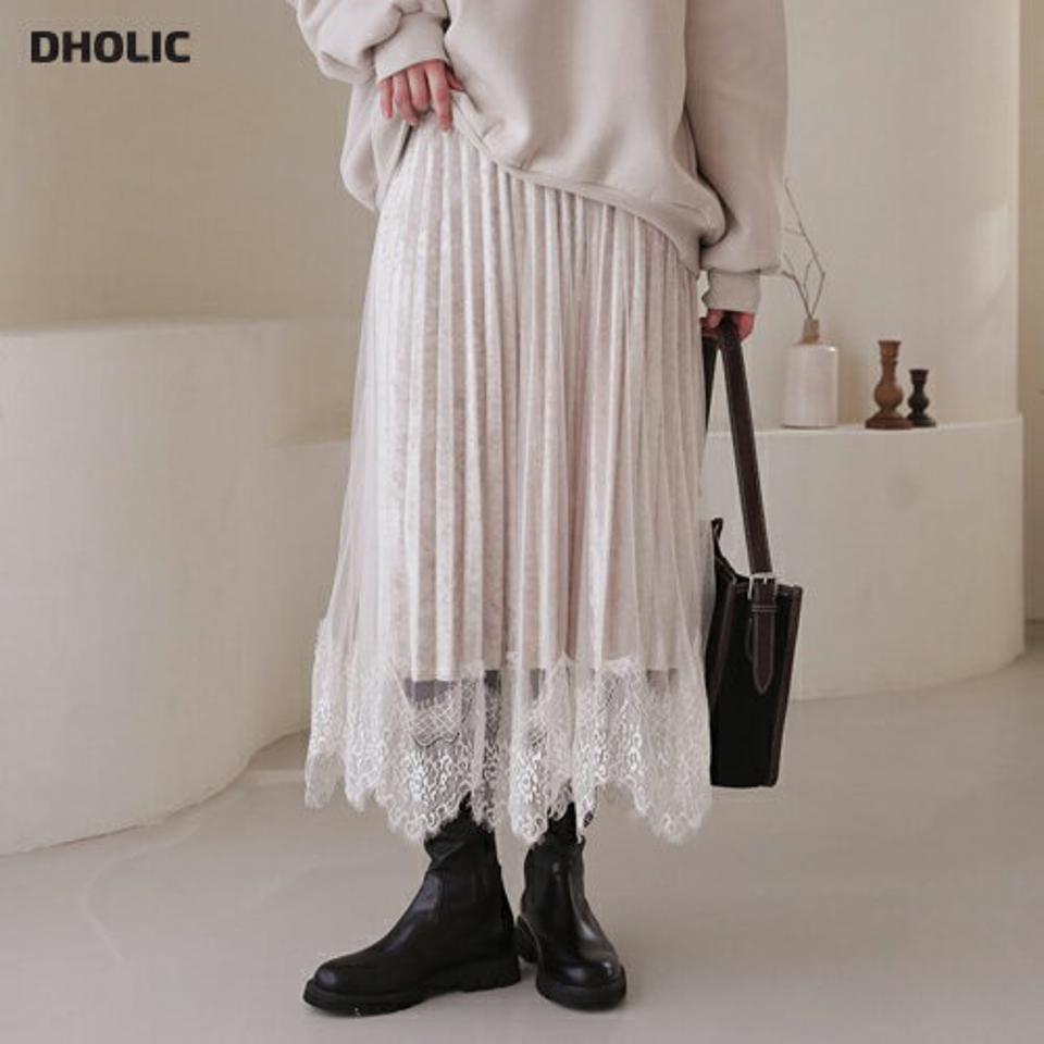 レースプリーツスカート・全2色・b62397 レディース 【sk】【韓国 ファッション ボトムス スカート ロング ロングスカート レース プリーツスカート ウエストゴム ベロア チュール 大人 フェミニン カジュアル 秋 冬】