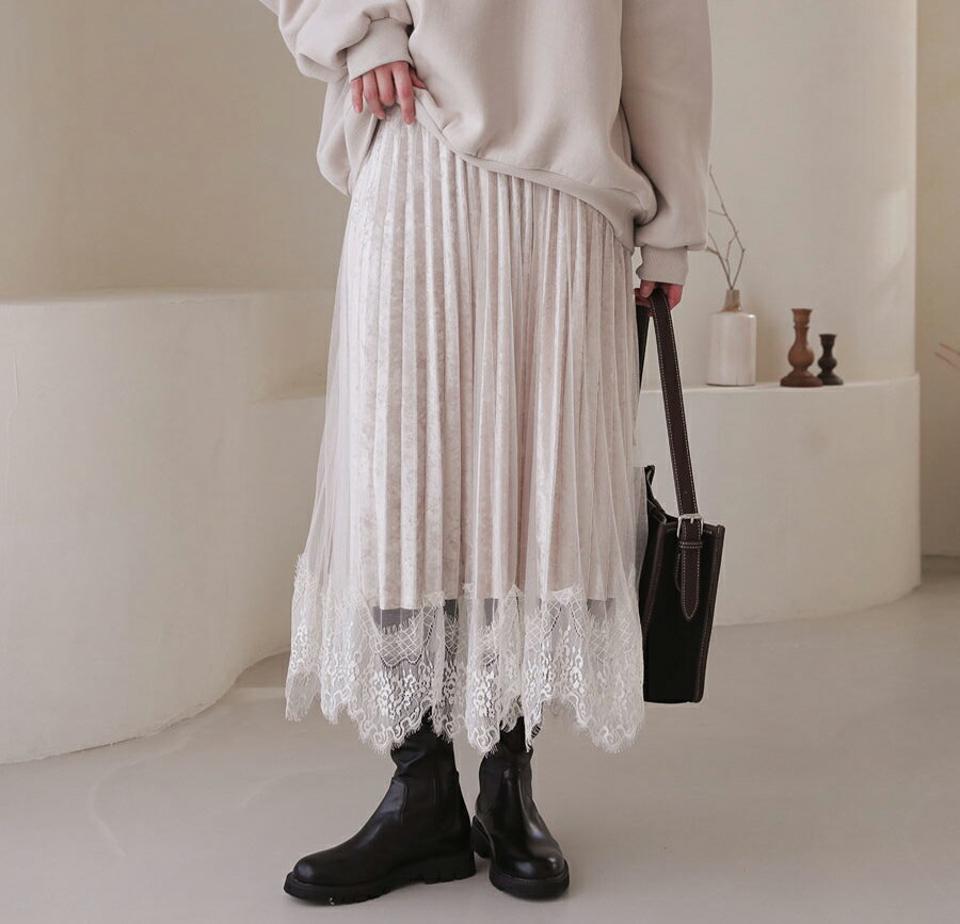 レースプリーツスカート・全2色・b62397 レディース 【sk】【韓国 ファッション ボトムス スカート ロング ロングスカート レース プリーツスカート ウエストゴム ベロア チュール 大人 フェミニン カジュアル 秋 冬】