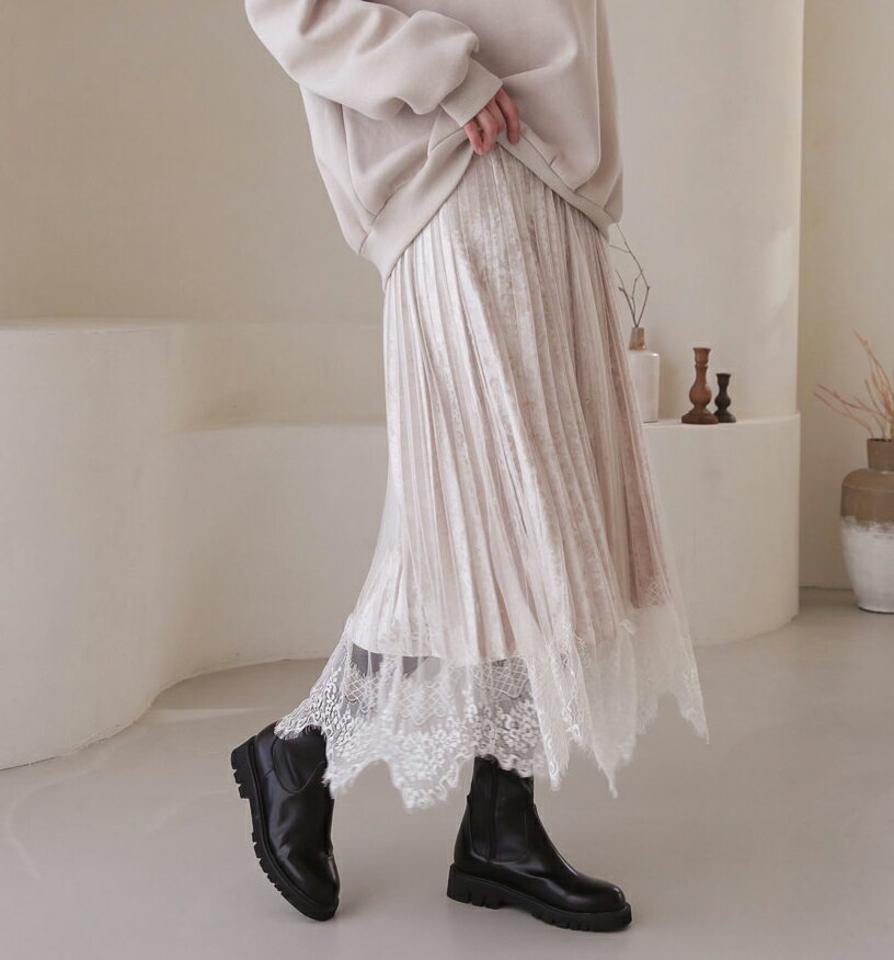 レースプリーツスカート・全2色・b62397 レディース 【sk】【韓国 ファッション ボトムス スカート ロング ロングスカート レース プリーツスカート ウエストゴム ベロア チュール 大人 フェミニン カジュアル 秋 冬】