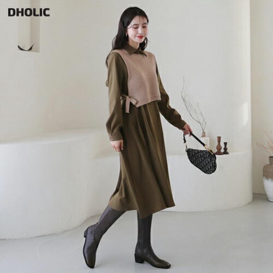 ベスト&シャツワンピースSET・全3色・e62417 レディース 【ops】【韓国 ファッション セットアップ ベスト シャツ ラウンドネック カラー 長袖 カラーワンピース ロングワンピース ロング ボタン フレア Aライン カジュアル 秋 冬】