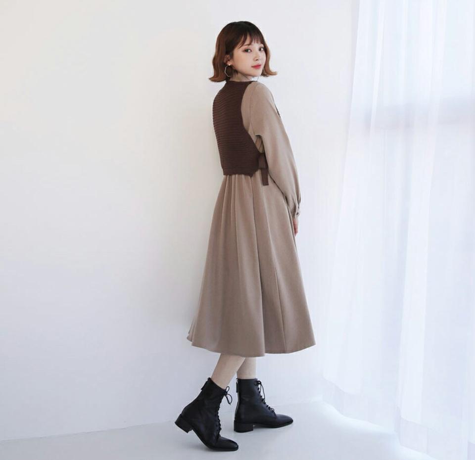 ベスト&シャツワンピースSET・全3色・e62417 レディース 【ops】【韓国 ファッション セットアップ ベスト シャツ ラウンドネック カラー 長袖 カラーワンピース ロングワンピース ロング ボタン フレア Aライン カジュアル 秋 冬】