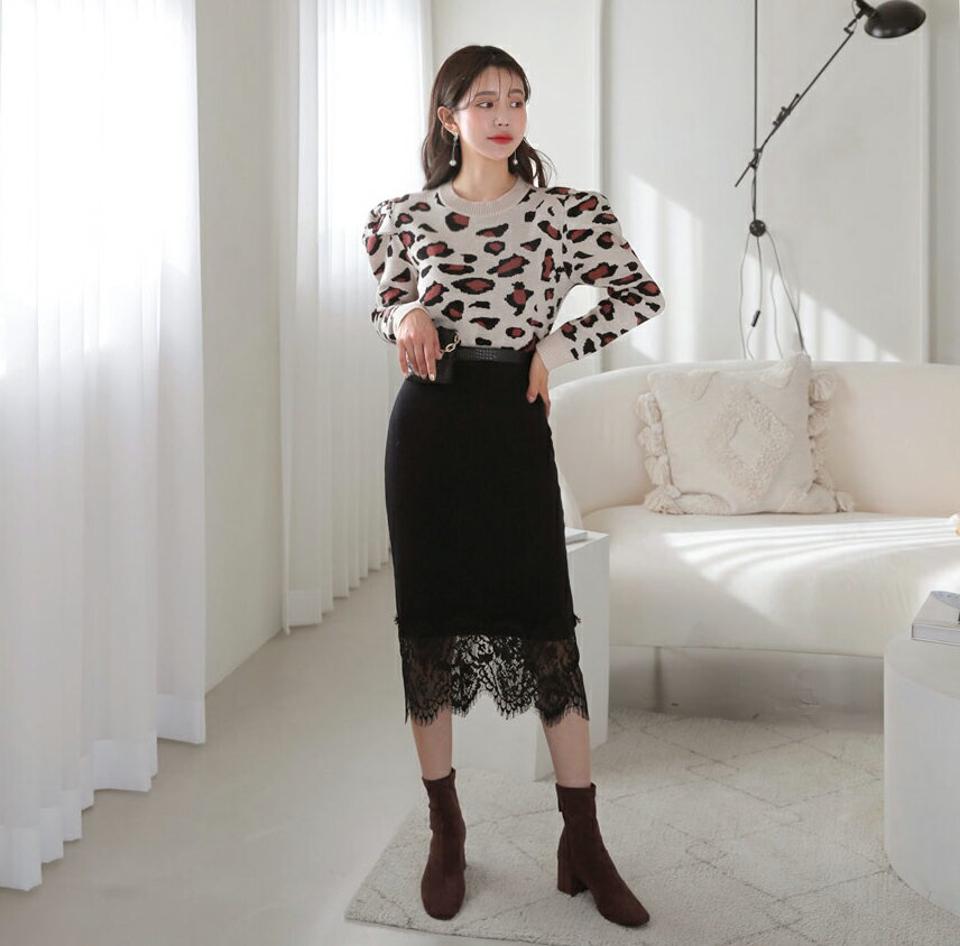 レオパードニット&スカートSET・全1色・b62375 レディース 【ops】【韓国 ファッション セットアップ ニット ラウンドネック パフスリーブ 長袖 レース スカート ロングスカート ロング ウエスト ゴム カジュアル 秋 冬】