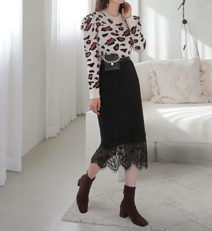 レオパードニット&スカートSET・全1色・b62375 レディース 【ops】【韓国 ファッション セットアップ ニット ラウンドネック パフスリーブ 長袖 レース スカート ロングスカート ロング ウエスト ゴム カジュアル 秋 冬】