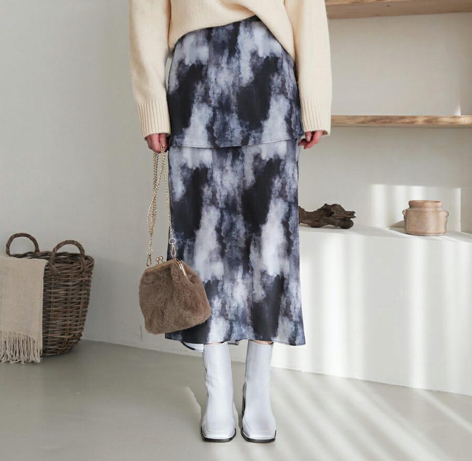 ウォーターカラーラップスカート・全2色・t62404 レディース 【sk】【韓国 ファッション ボトムス スカート ロング ロングスカート ウォーターカラー ラップスカート ユニーク ウエストゴム サイドジップ リボン アンバランス カジュアル 秋 冬】