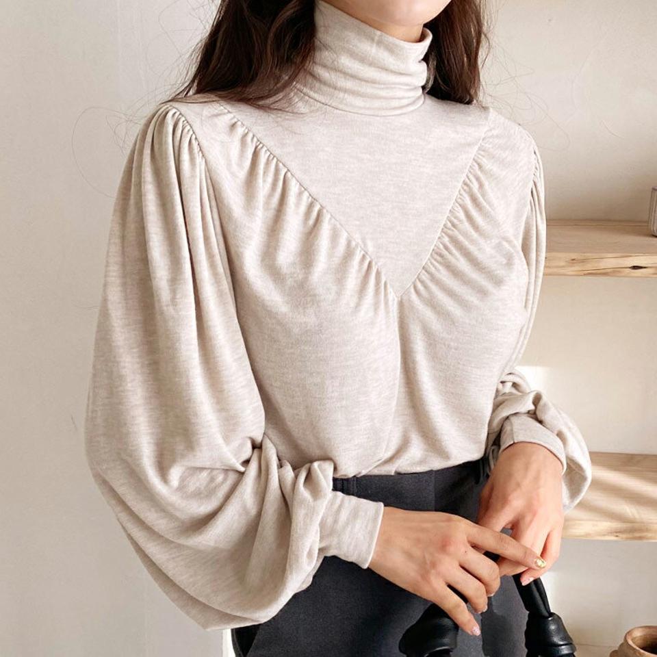 ハイネックギャザーTシャツ・全3色・t62395 レディース 【tops】【韓国 ファッション トップス Tシャツ ハイネック タートルネック 長袖 無地 細身 パフスリーブ ギャザー Tシャツ デイリー カジュアル 秋 冬】