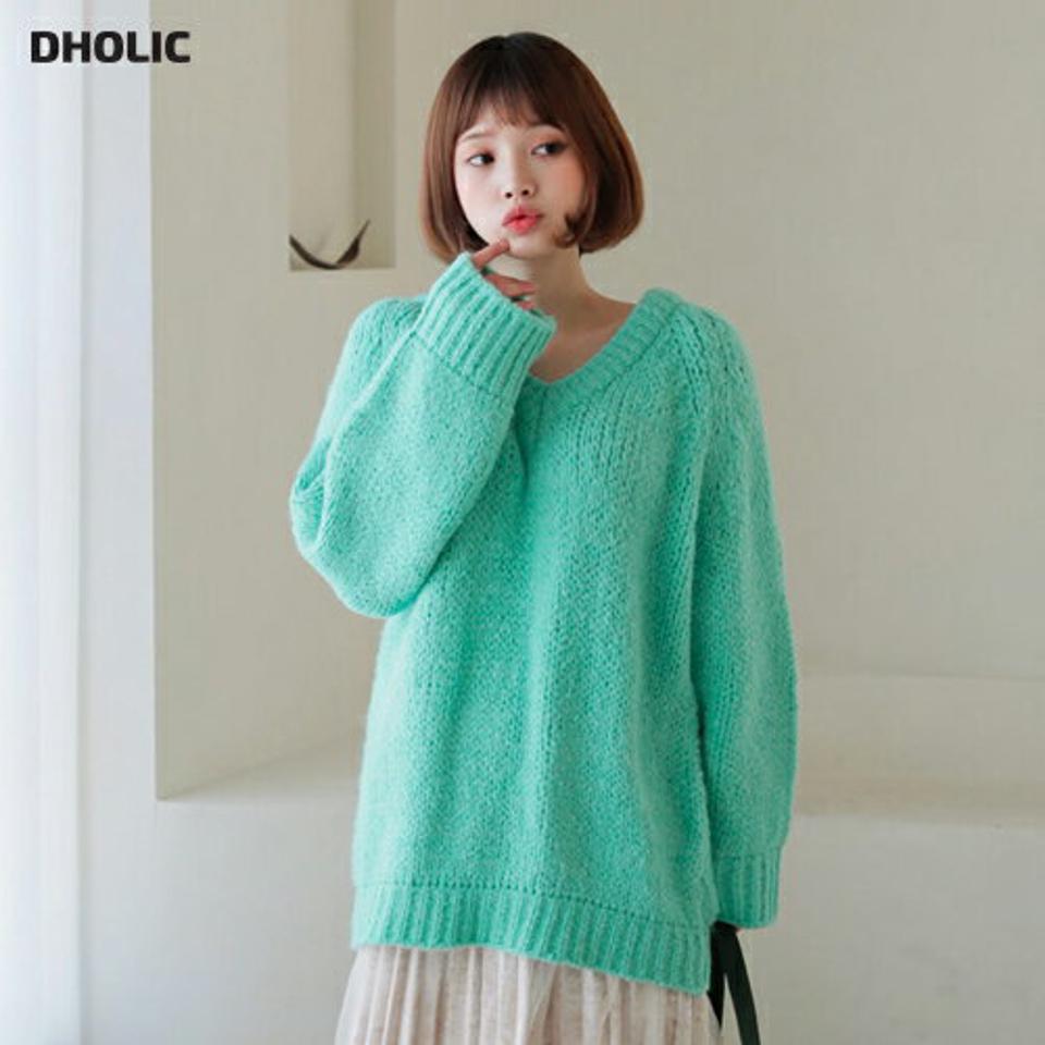 Vネックルーズニット・全5色・t62409 レディース 【tops】【韓国 ファッション トップス ニット 長袖 ロングスリーブ ルーズ ゆったり 体型カバー もちもち ユニーク Vネック ソフト やわらかい カジュアル 秋 冬】