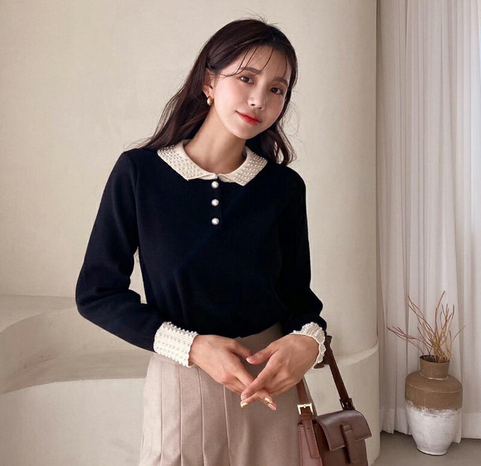パールボタンニット・全3色・b62367 レディース 【tops】【韓国 ファッション トップス ニット カラーネック カラー 長袖 ルーズ ソフト パール 配色 袖口 ボタン カジュアル 秋 冬】