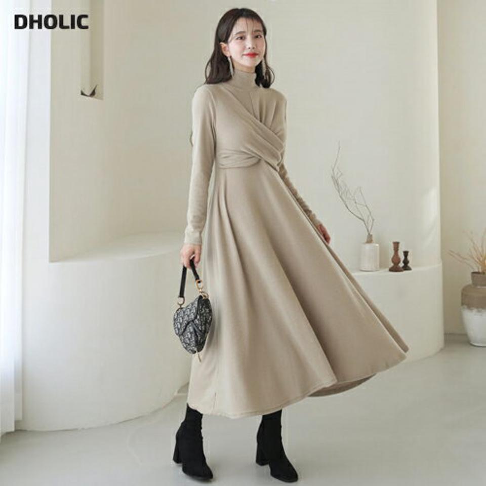 起毛ツイストワンピース・全3色・b62425 レディース 【ops】【韓国 ファッション ワンピース 起毛ワンピース フレアワンピース 暖かい フレア スリム ツイスト Aライン 体型カバー ロング ハイネック カジュアル 秋 冬】