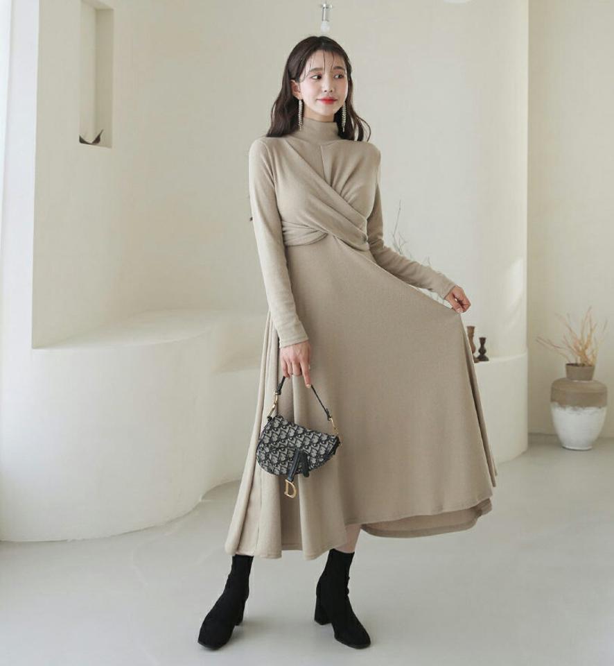 起毛ツイストワンピース・全3色・b62425 レディース 【ops】【韓国 ファッション ワンピース 起毛ワンピース フレアワンピース 暖かい フレア スリム ツイスト Aライン 体型カバー ロング ハイネック カジュアル 秋 冬】