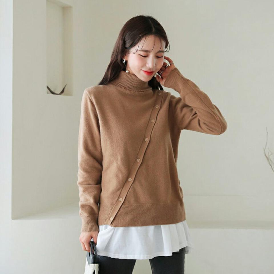 ダイアゴナルボタンニット・全3色・t62414 レディース 【tops】【韓国 ファッション トップス ニット 長袖 ロングスリーブ ルーズ タートルネック ハイネック ゆったり 体型カバー ユニーク ソフト やわらかい ボタン カジュアル 秋 冬】